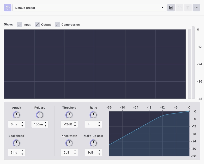 The Compressor realtime effect, as it appears in a track's effects stack