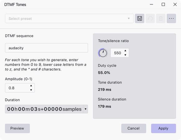 The DTMF Tones dialog
