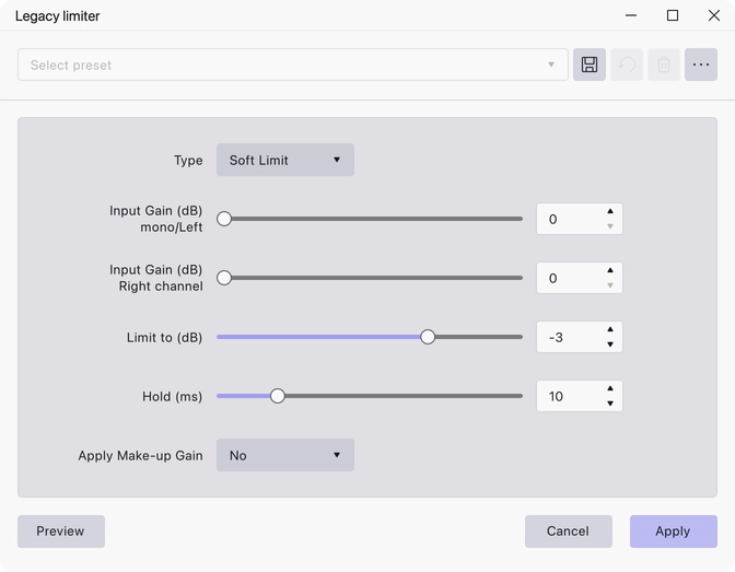 The Legacy Limiter dialog