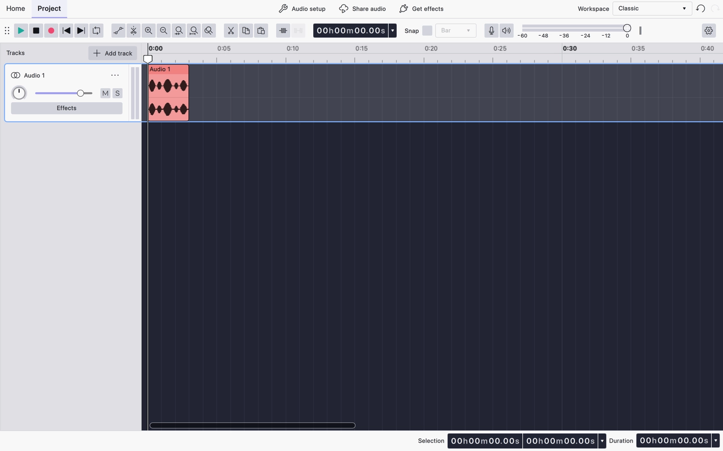 The Classic workspace: the full toolbar of editing and zoom buttons above the track area
