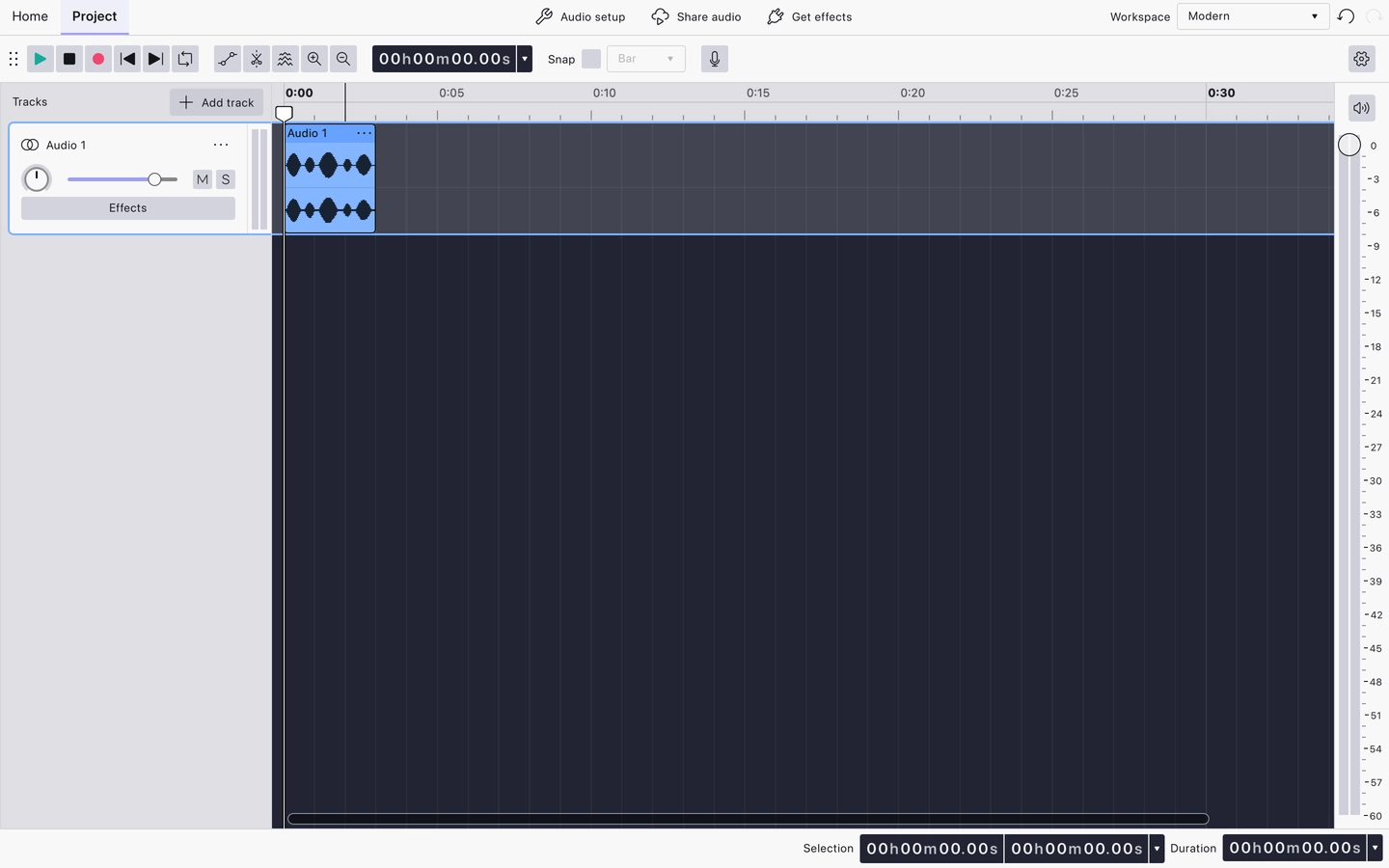 The Modern workspace: the pared-back toolbar, with the playback meter in its side panel