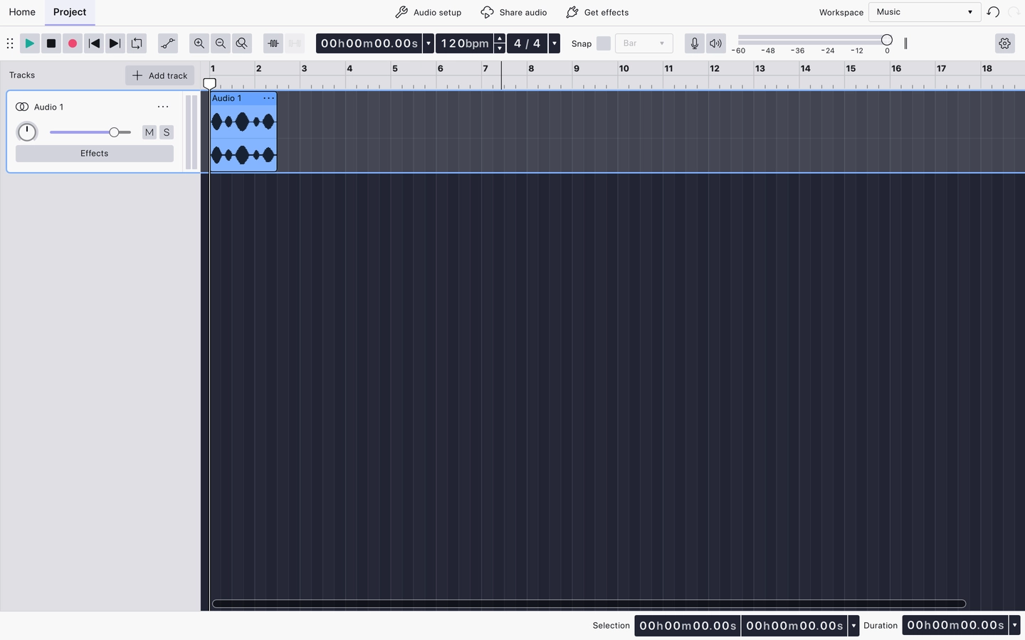 The Music workspace: bars on the ruler, with tempo and time signature in the toolbar