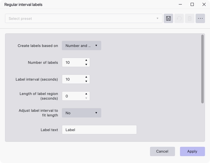 The Regular Interval Labels dialog