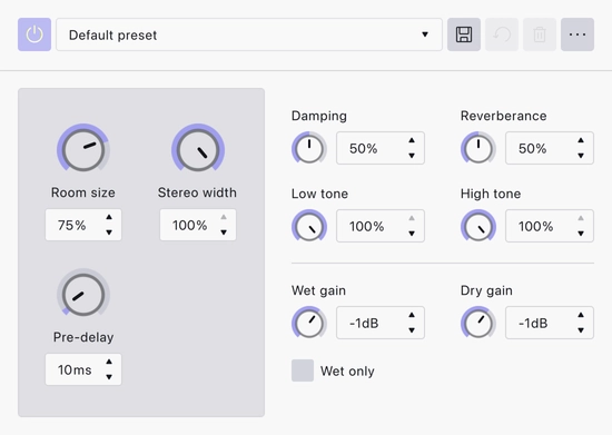 The Reverb realtime effect, as it appears in a track's effects stack