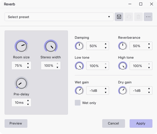 The Reverb dialog