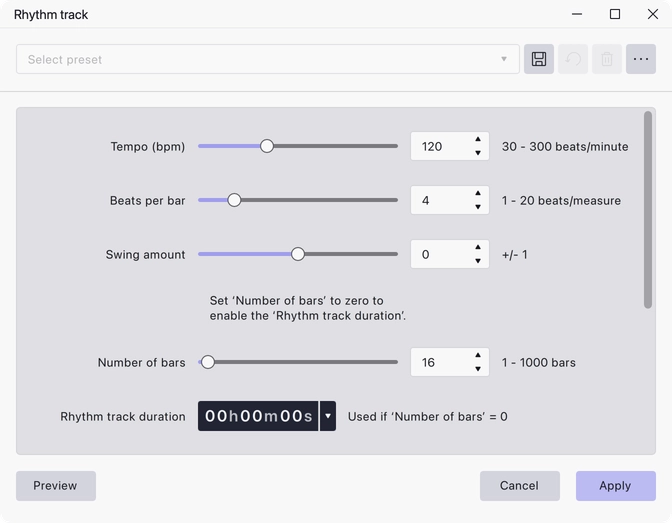 The Rhythm Track dialog