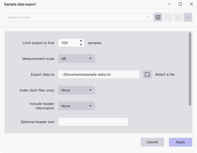 The Sample Data Export dialog