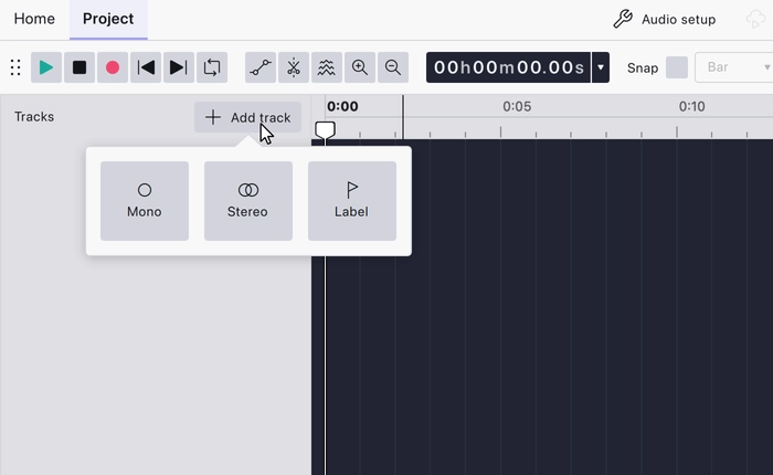 The Add track button on an empty project, with its choices open beneath it: Mono, Stereo, and Label