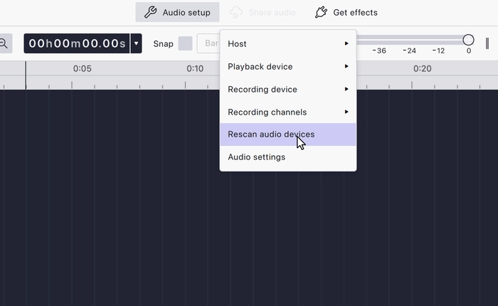 The Audio setup menu open, with the cursor on Rescan audio devices