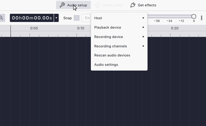The Audio setup button in the top bar, with its menu open beneath it