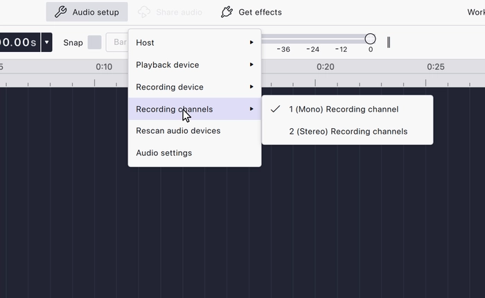 The Recording channels submenu expanded, with 1 (Mono) selected