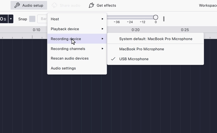 The Recording device submenu expanded, with USB Microphone selected