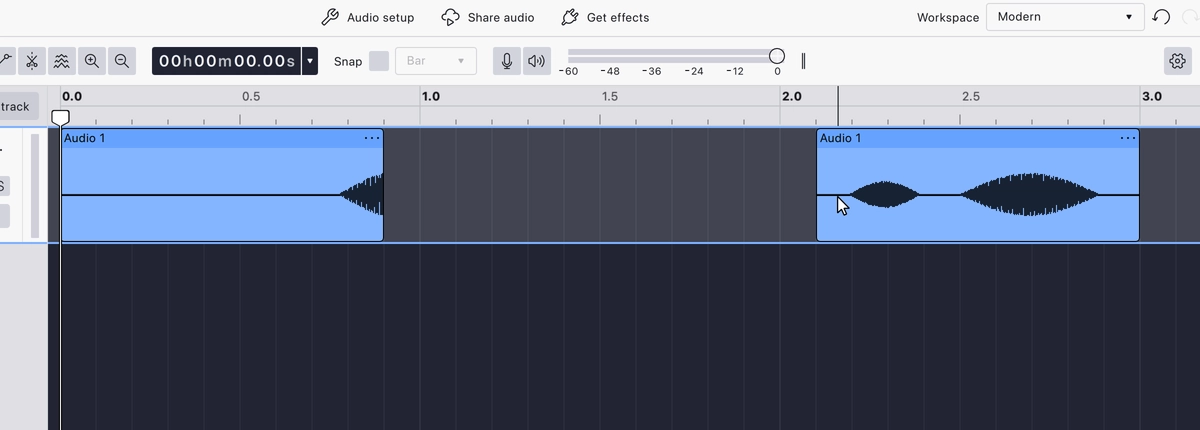After deleting with Leave gap: two clips remain with silence between them, and later audio stays in place