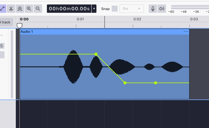 A clip gain curve drawn along a clip: the line holds full level, then ramps down to a lower level for the rest of the clip