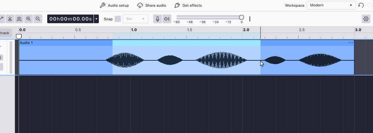 A stretch of a clip selected by dragging, highlighted across the track