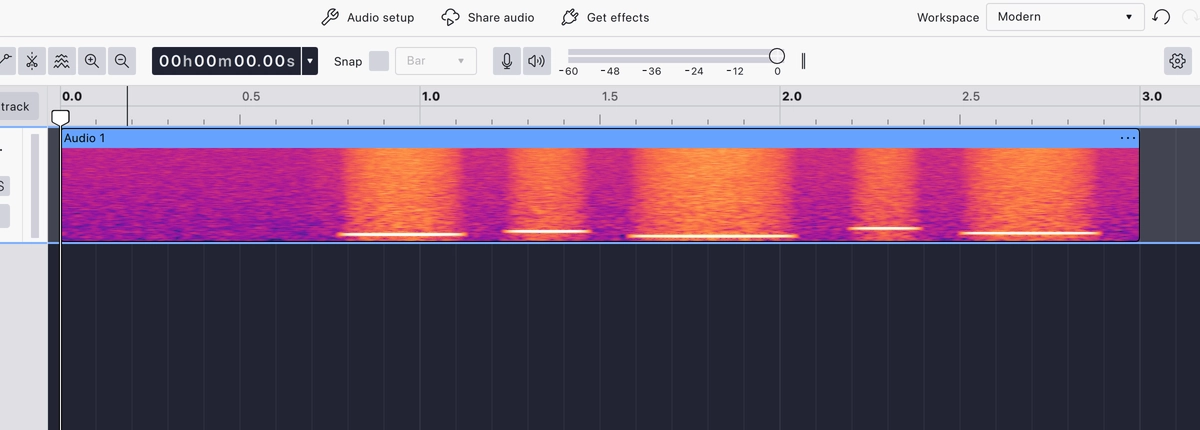 A track in spectral view: the clip rendered as a spectrogram, frequency against time