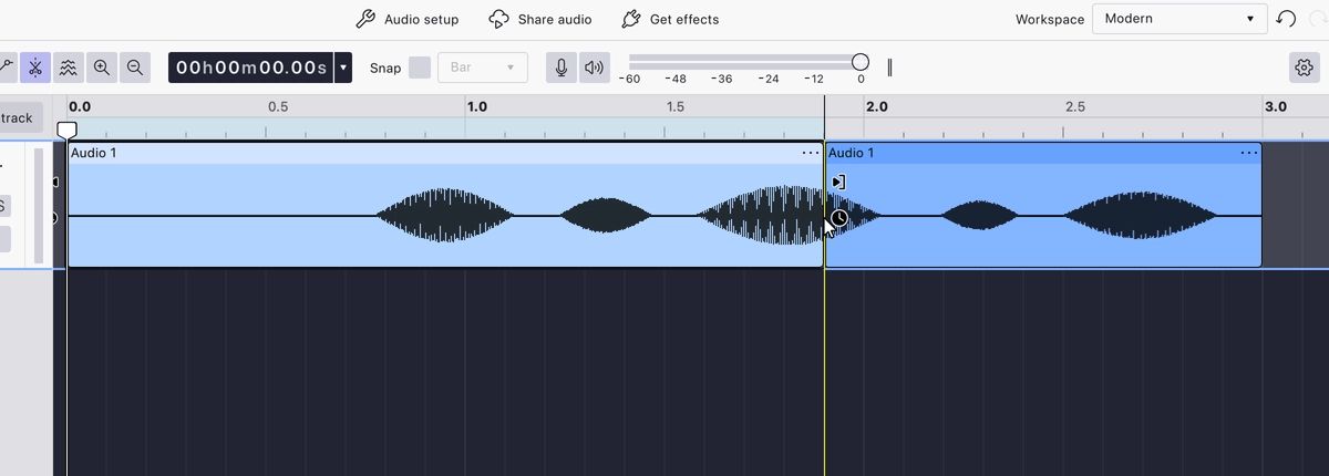 The clip split in two at the guideline, with the left portion selected