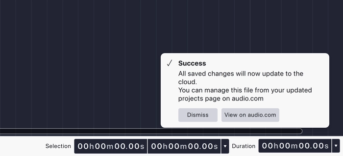 The success notification after a cloud save, with a View on audio.com button