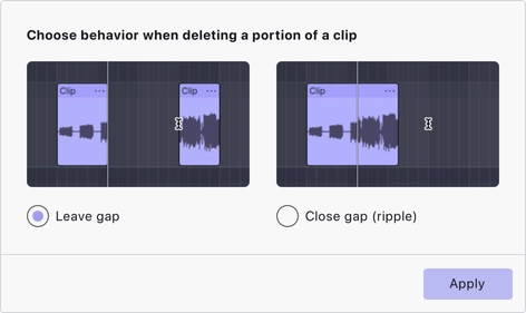 The choice shown the first time you delete: Leave gap or Close gap (ripple), each illustrated
