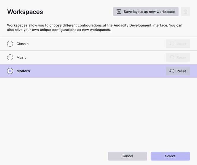 The Workspaces window: the three built-in workspaces with Reset buttons, and Save layout as new workspace