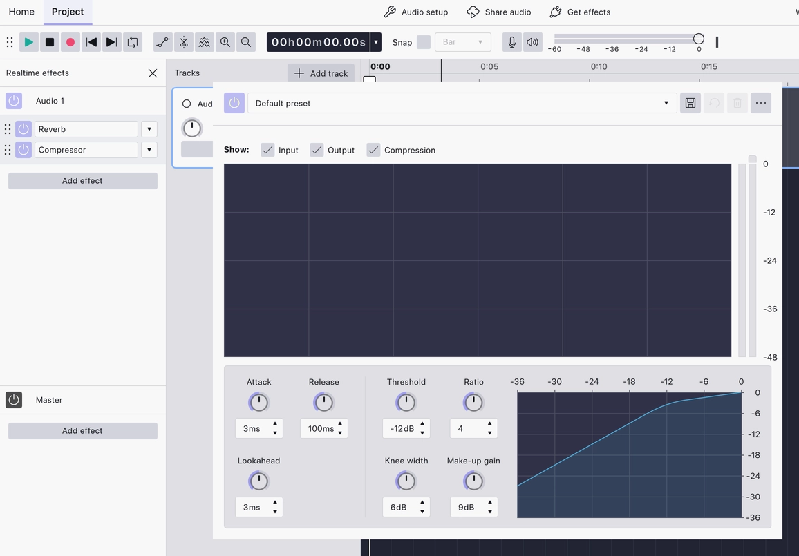 The Compressor's window open over the project, its settings ready to adjust, with the effect in the panel's stack
