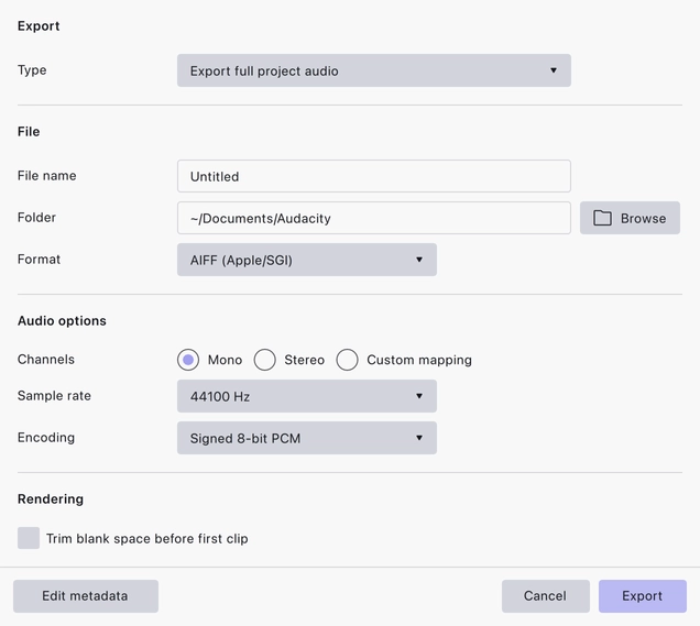 The Export audio dialog: export type, file name, folder and format, audio options, and the Export button