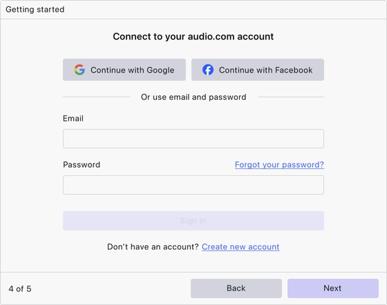 Setup page four: signing in to an audio.com account