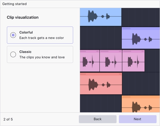 Setup page two: choosing between Colorful and Classic clip visualization