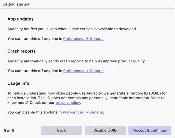 Setup page five: app update notifications and crash report settings