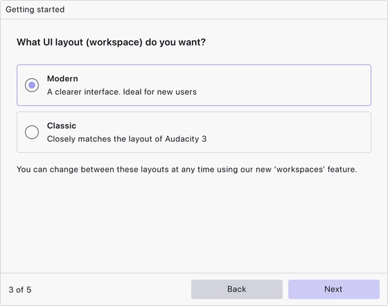 Setup page three: choosing between the Modern and Classic workspace layouts