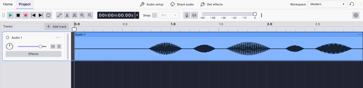 A finished take on the mono track: a stretch of silence at the start, then the recorded material filling the timeline