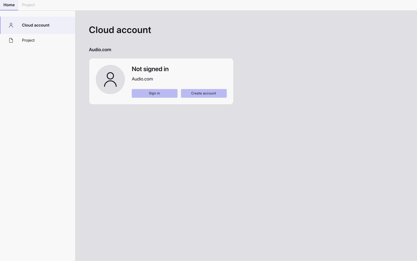 The Cloud account view before signing in: an Audio.com card with Sign in and Create account buttons