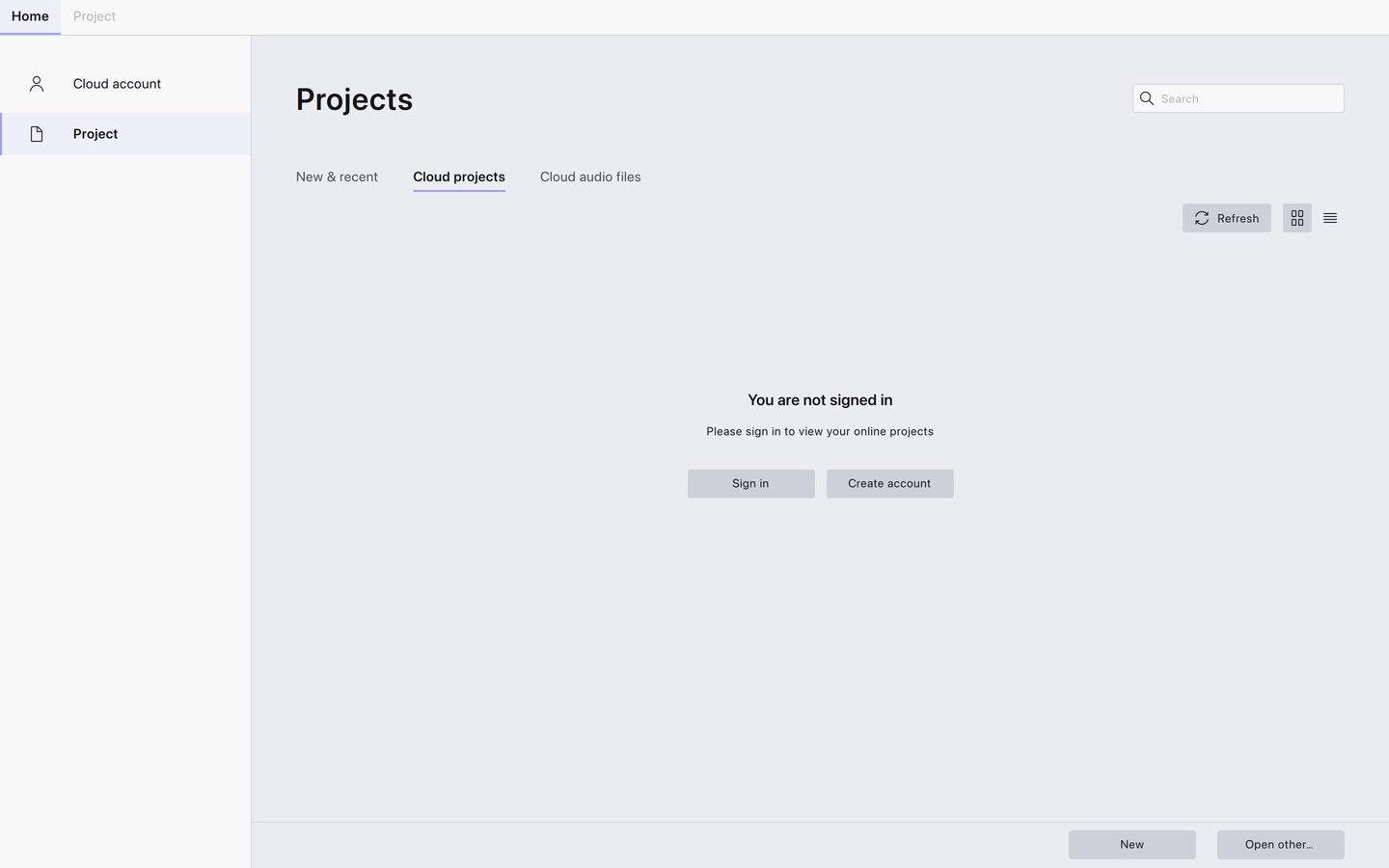 The Cloud projects tab before signing in, with the sign in and create account buttons
