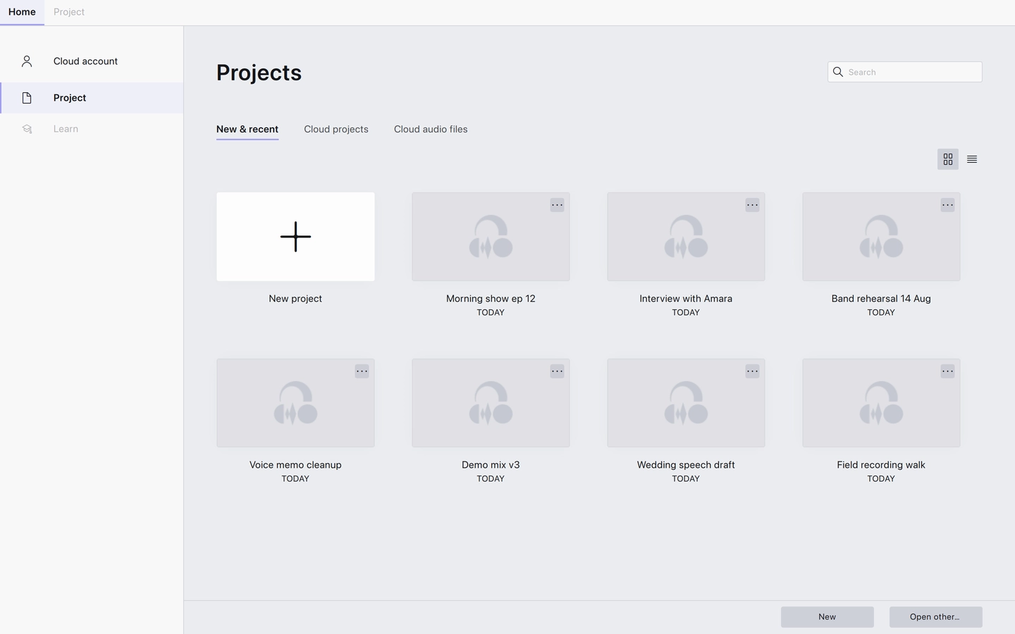 The Home tab's Projects view, with recent projects ready to reopen