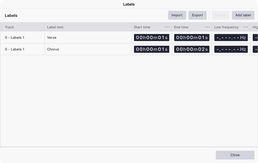 The label editor: every label in the project as an editable table, with Import, Export, Delete and Add label