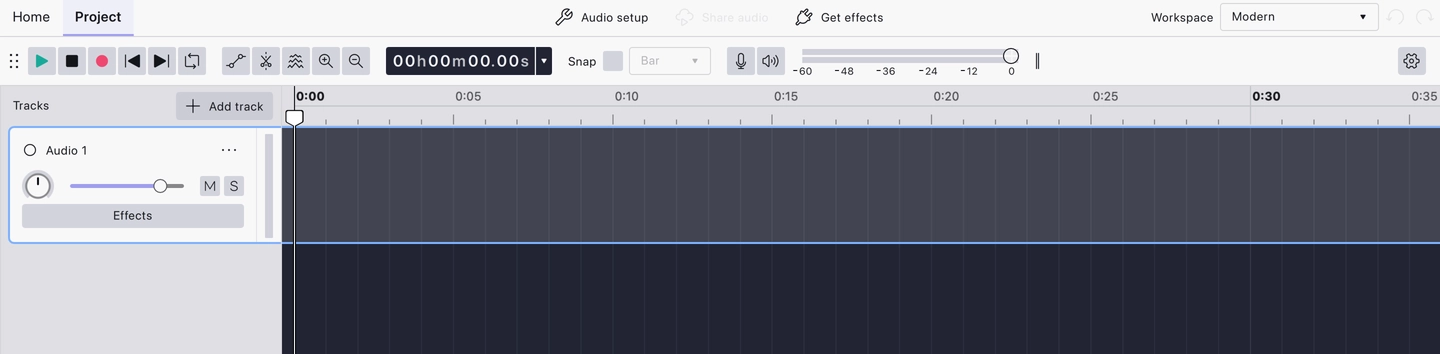 A project with a single mono track: the track header on the left and an empty lane along the timeline