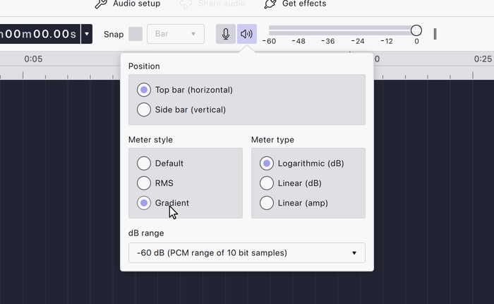The playback meter settings popup opened from the meter in the toolbar, with the cursor on the selected Gradient style