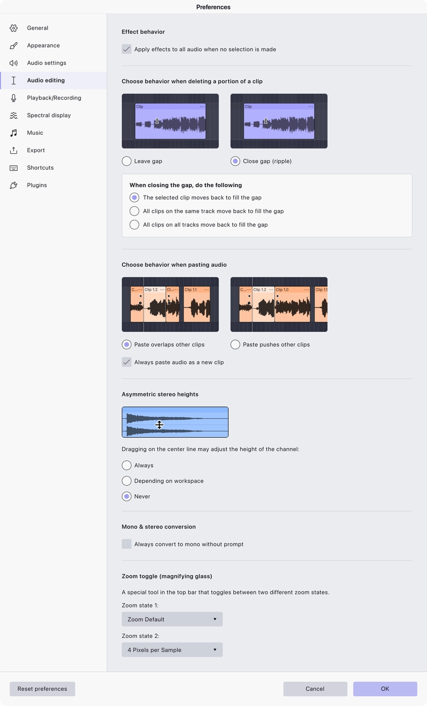 The Audio editing preferences page