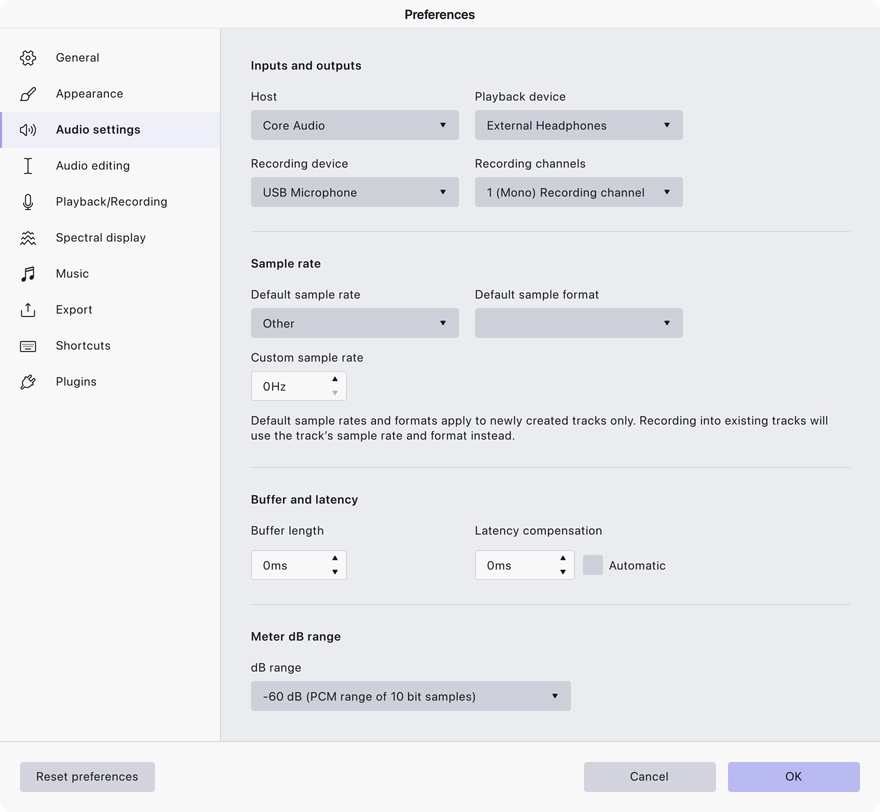 The Audio settings preferences page