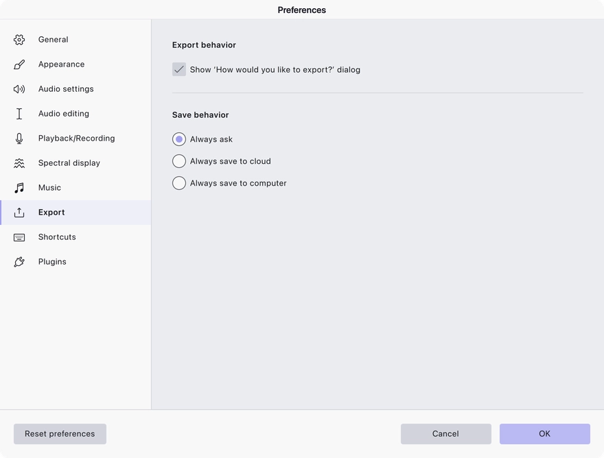 The Export preferences page: the export prompt checkbox and the save behavior choice