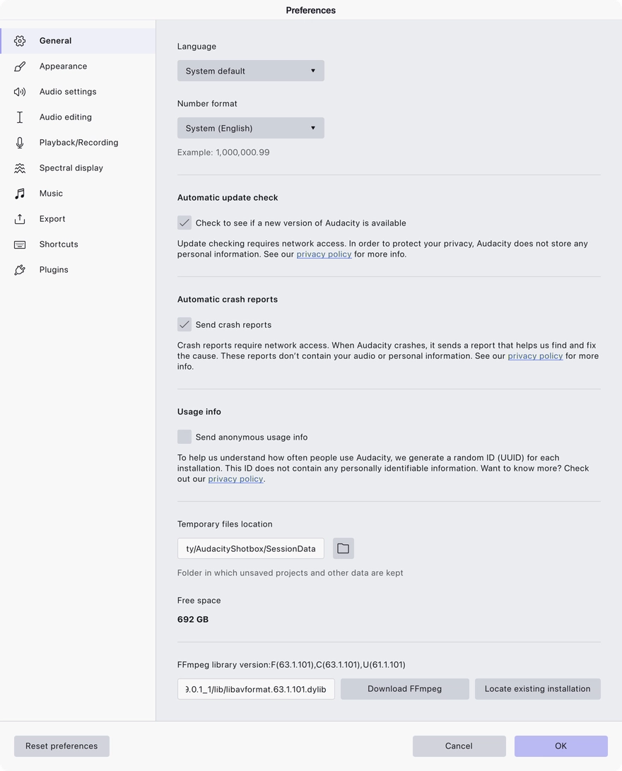 The General preferences page