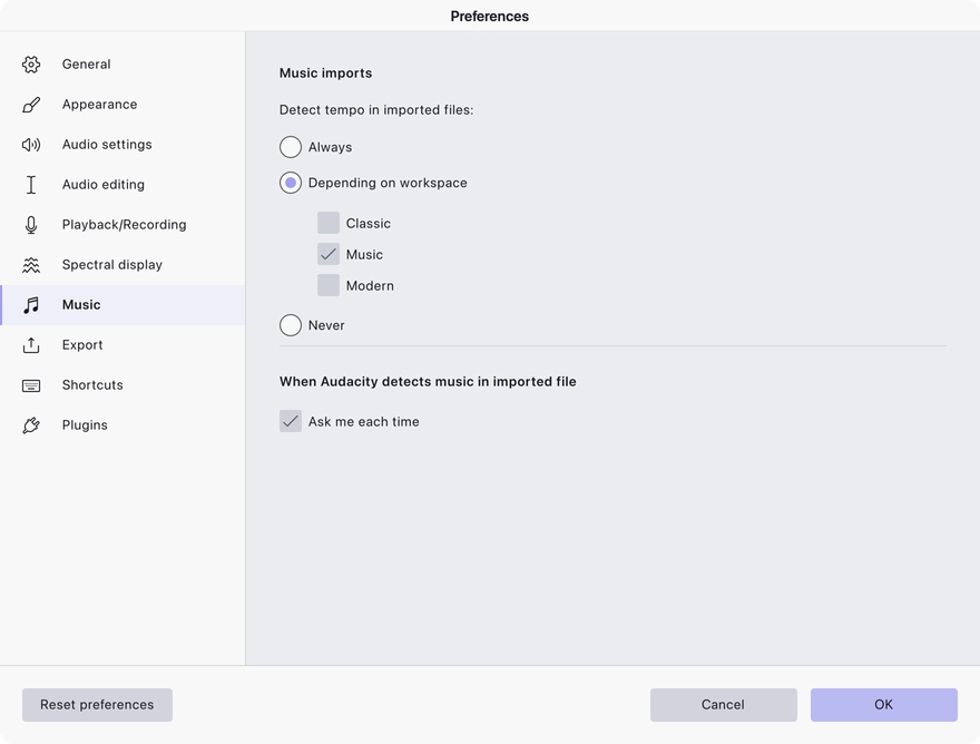 The Music preferences page