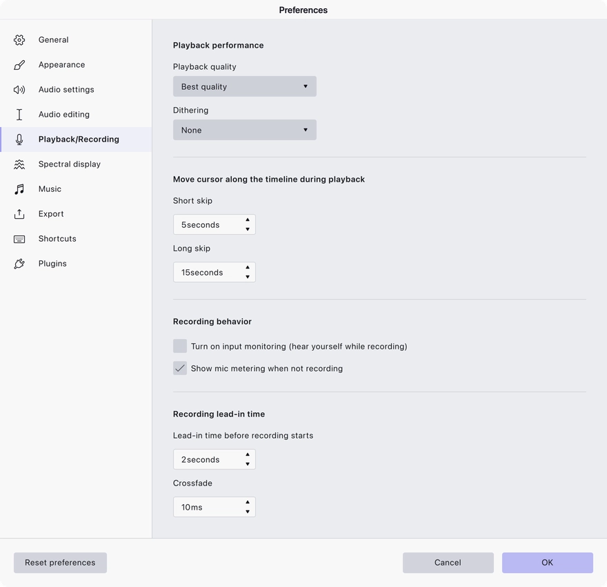 The Playback/Recording preferences page