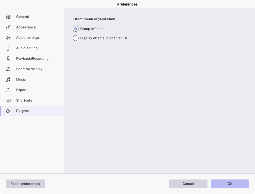 The Plugins preferences page