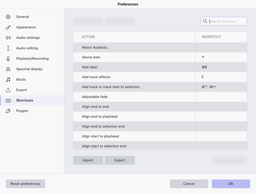The Shortcuts preferences page