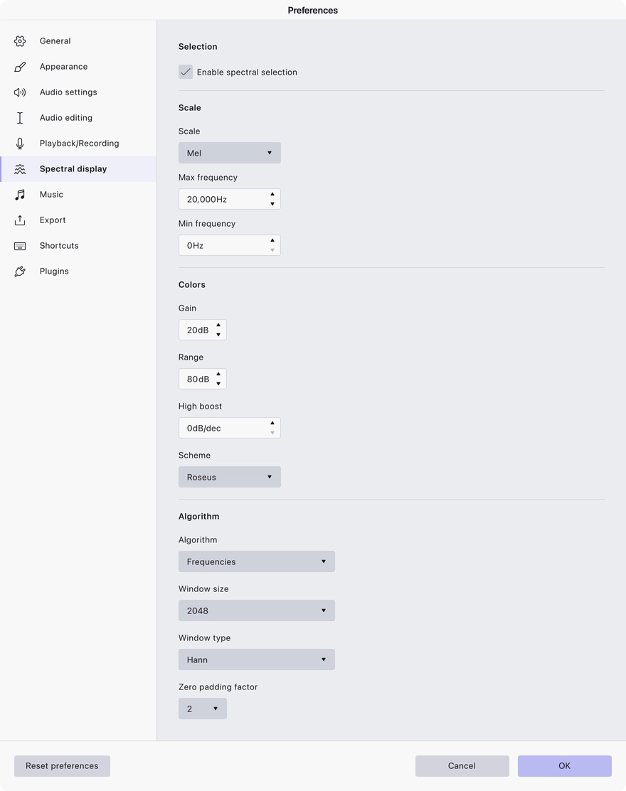 The Spectral display preferences page