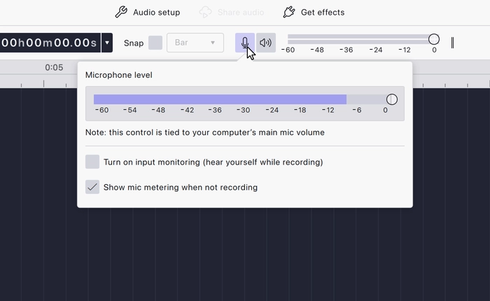 The microphone button in the toolbar, with the Microphone level flyout open beneath it and the meter showing a speaking level