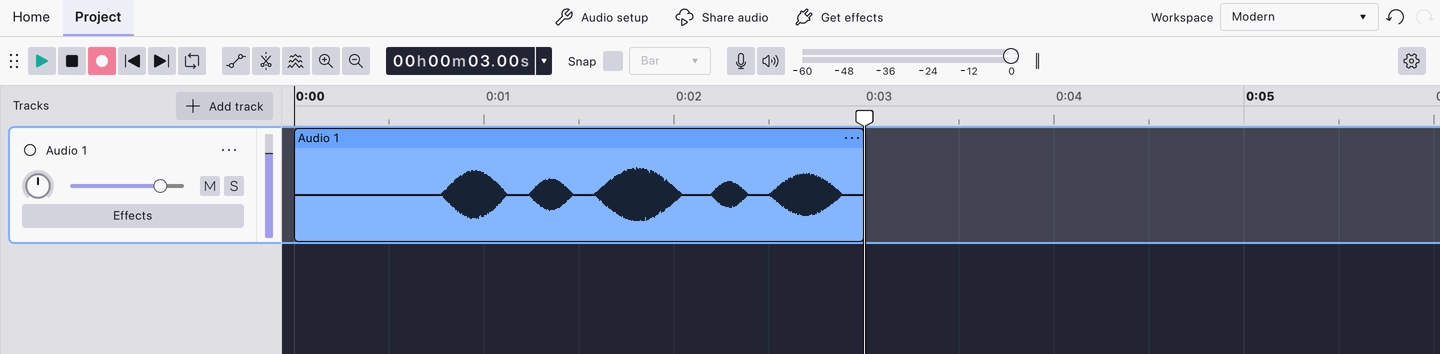 Recording in progress: the Record button lit, the playhead a few seconds in, and a clip drawn up to it