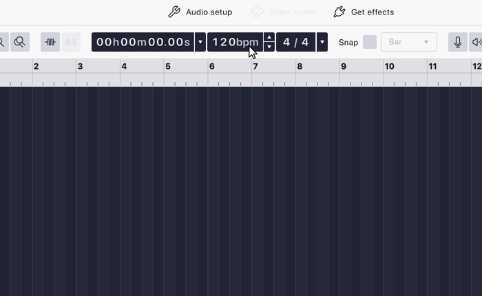 The tempo stepper in the Music workspace toolbar, showing 120 bpm