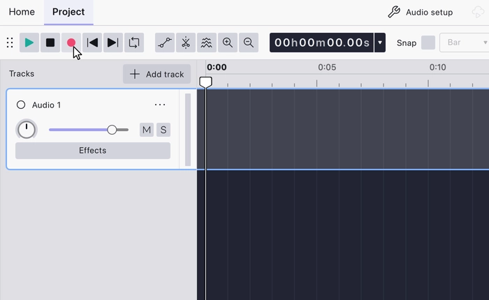 A project with one mono track, with the cursor over the round red Record button in the transport controls